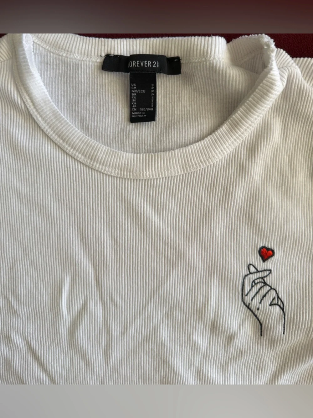 Forever 21 White Ribbed Short Sleeve Tee with Red Heart Hand Embroidery - Picture 3 of 5